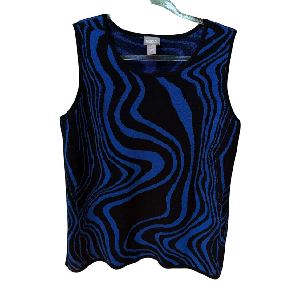 Chico's Knit Vest Womens 1 US 8 M Blue Black Liquid Swirl Abstract Grunge Top